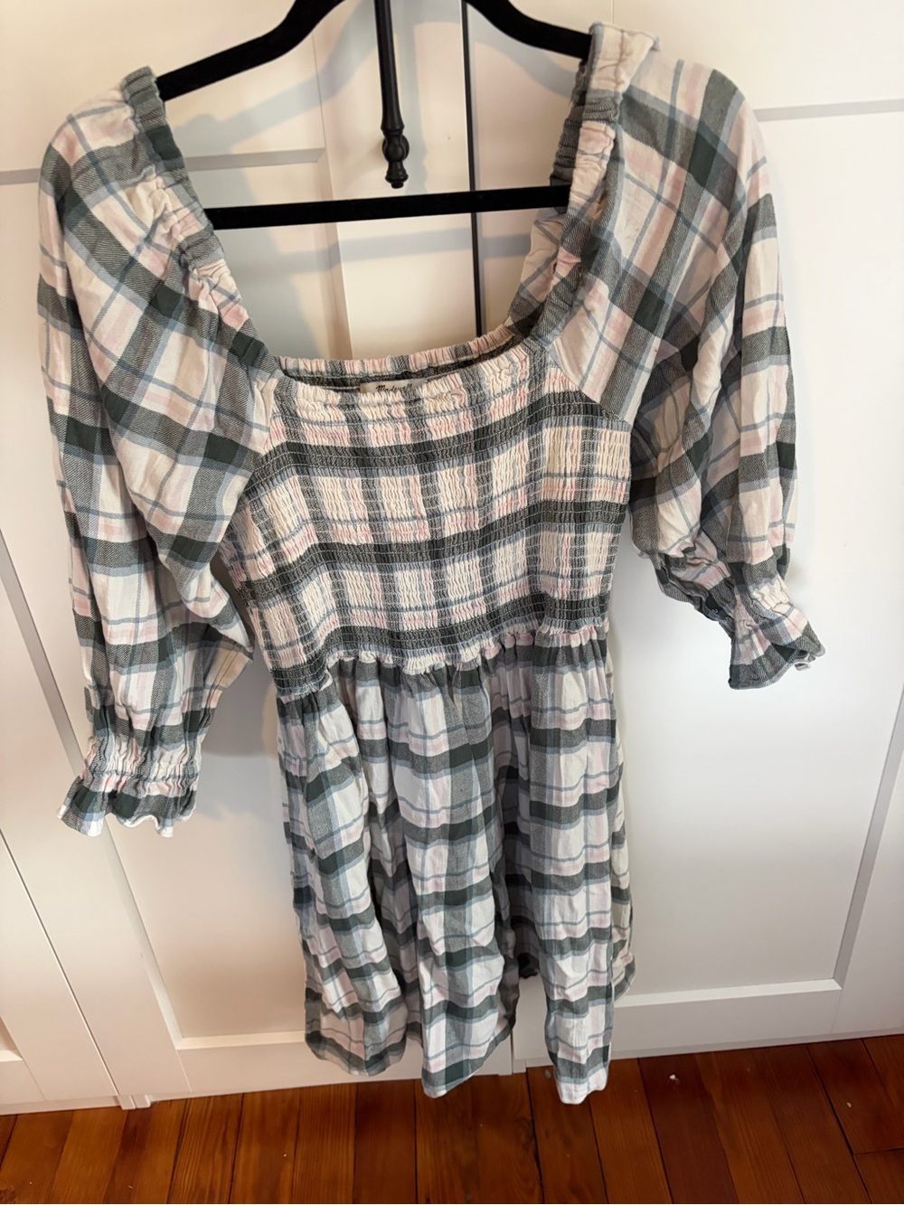 Madewell Plaid Smocked Peasant Dress in Light Pink and Sage